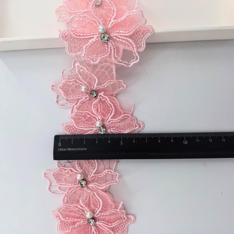 Buysk 2 Yards 3D Pearl Beads Flower Lace Trim Ribbon Floral Applique Embroidered Lace Fabric for Sewing DIY Crafts (Pink) - Image 2